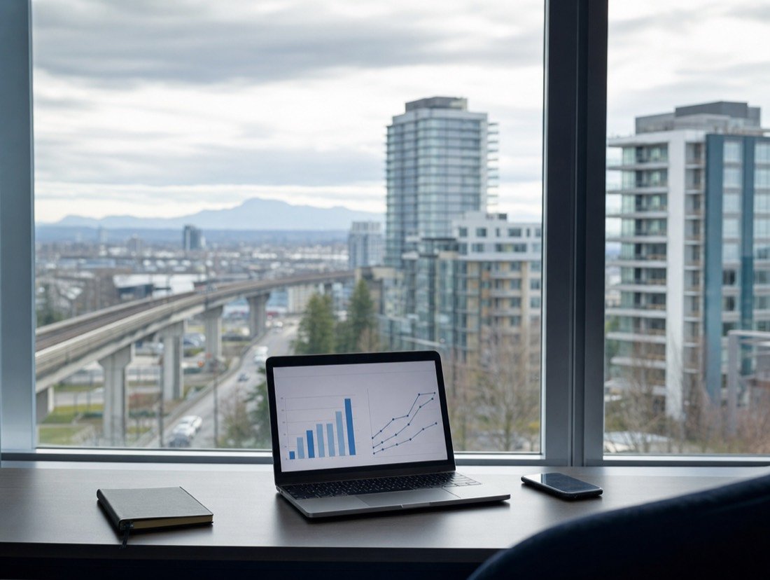Advertising charts open on a laptop, apartment towers visible through the window