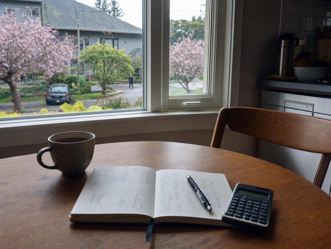 A morning kitchen table with handwritten sums, a calculator and tea