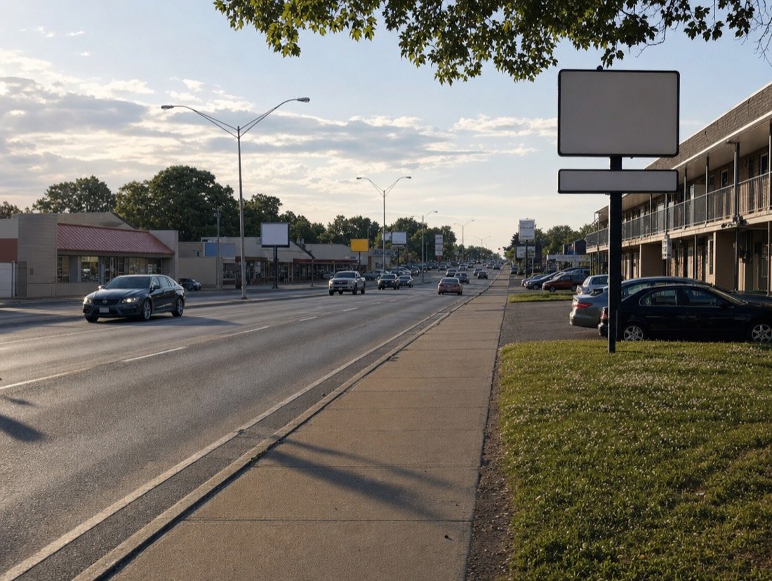 A long commercial avenue with low plazas, small family restaurants and a mid-century motor inn with blank signs