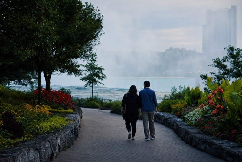 A couple walking away along a garden path between flower beds, mist rising far behind them