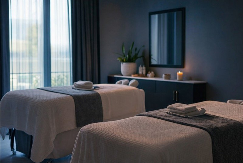 A softly lit treatment room with two massage tables, folded towels and a lit candle