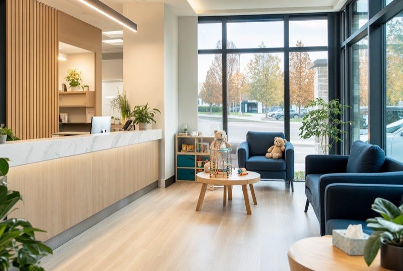 Sunny reception of a family dental office, with toys tucked into one corner