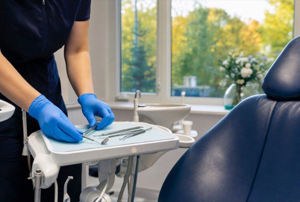 Gloved hands laying sterilised dental tools out next to an empty patient chair