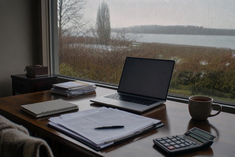 Sorted receipts, a calculator and a laptop on a desk, rain running down the window behind