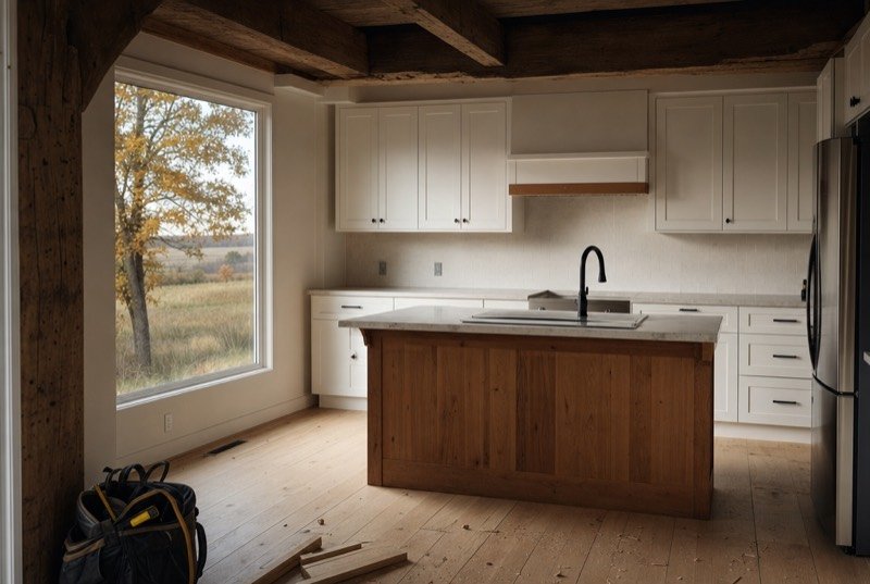 A newly finished kitchen: white shaker doors, a timber island and old beams overhead