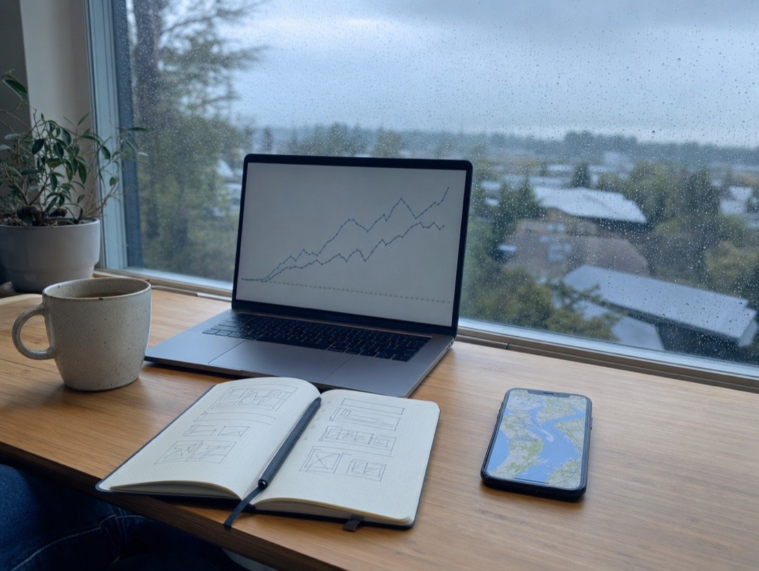 A laptop showing a chart, a phone with a map and an open sketchbook by a rain-streaked window