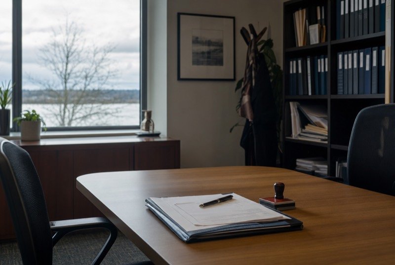 Paperwork, a pen and a rubber stamp laid out on a conference table