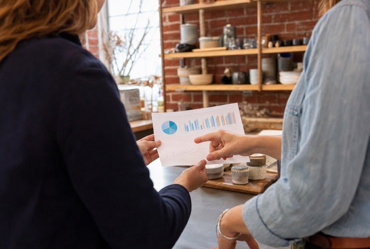An owner and an adviser reading a single-page report together across the counter of a brick shop