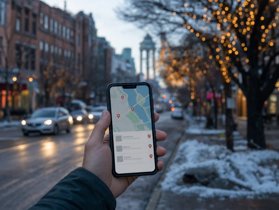 A hand holding up a phone with map pins and a short results list, a snowy brick street with strung lights blurred behind