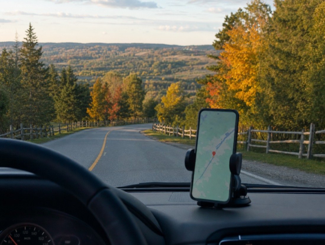 A phone mounted in a car, its map pinning a spot along a country road lined with fall colour
