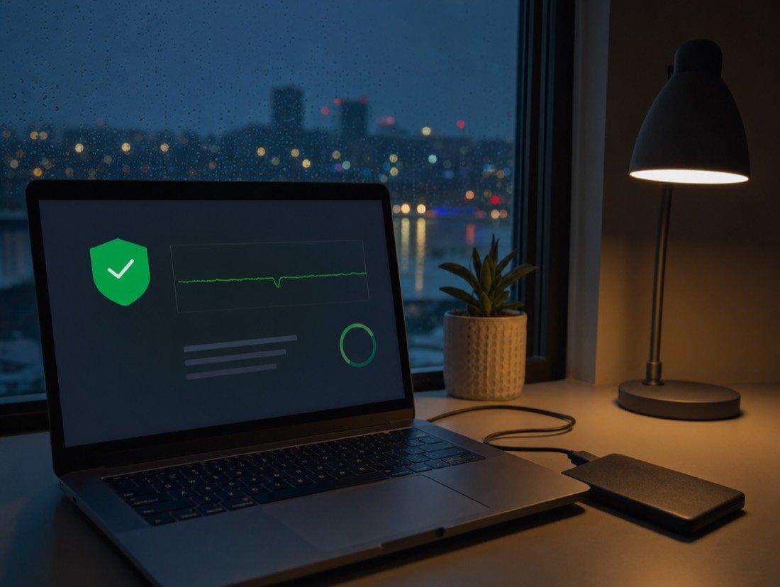 A website status dashboard glowing on a laptop late at night, a backup drive at its side