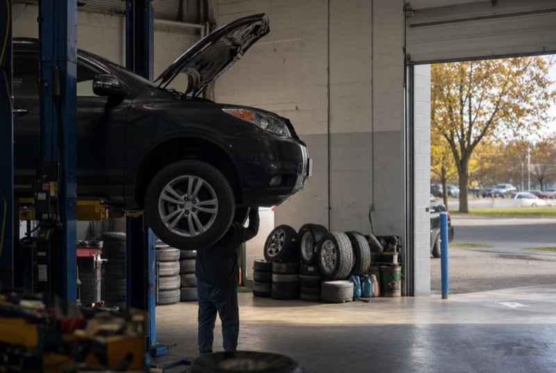 An SUV up on a lift in a small independent garage bay