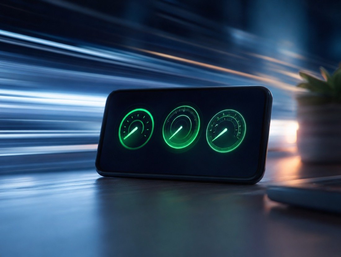Three green speed scores on a phone screen, with motion blur behind it