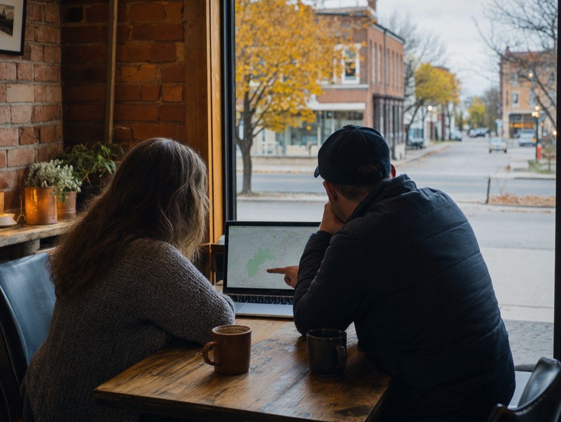 Two people by a tall café window looking over a laptop map, a brick wall alongside
