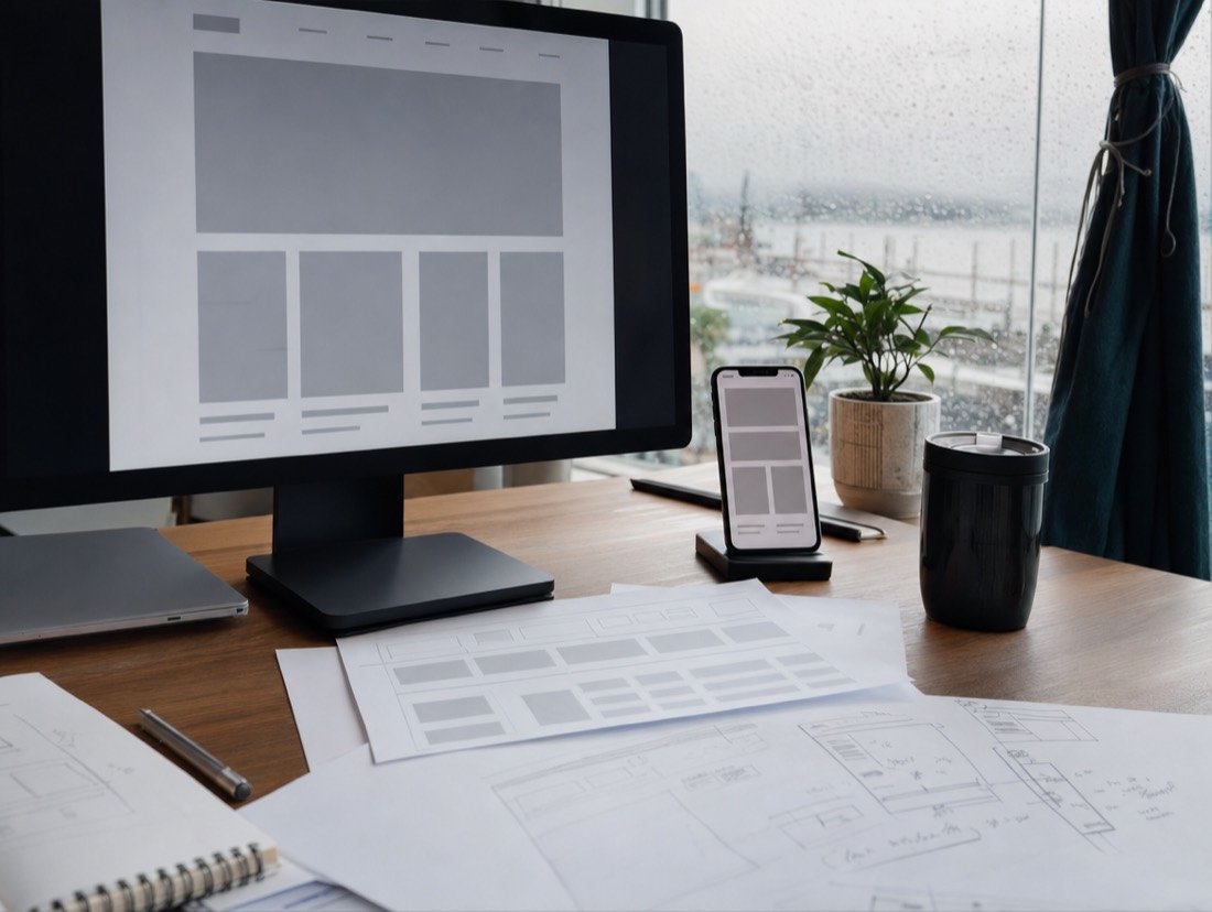 Grey wireframe layouts on a desktop monitor and a phone, pencil sketches alongside on a wet day
