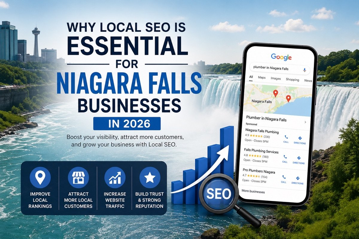Graphic: “Why Local SEO Is Essential for Niagara Falls Businesses in 2026”, with a phone showing map results in front of the falls